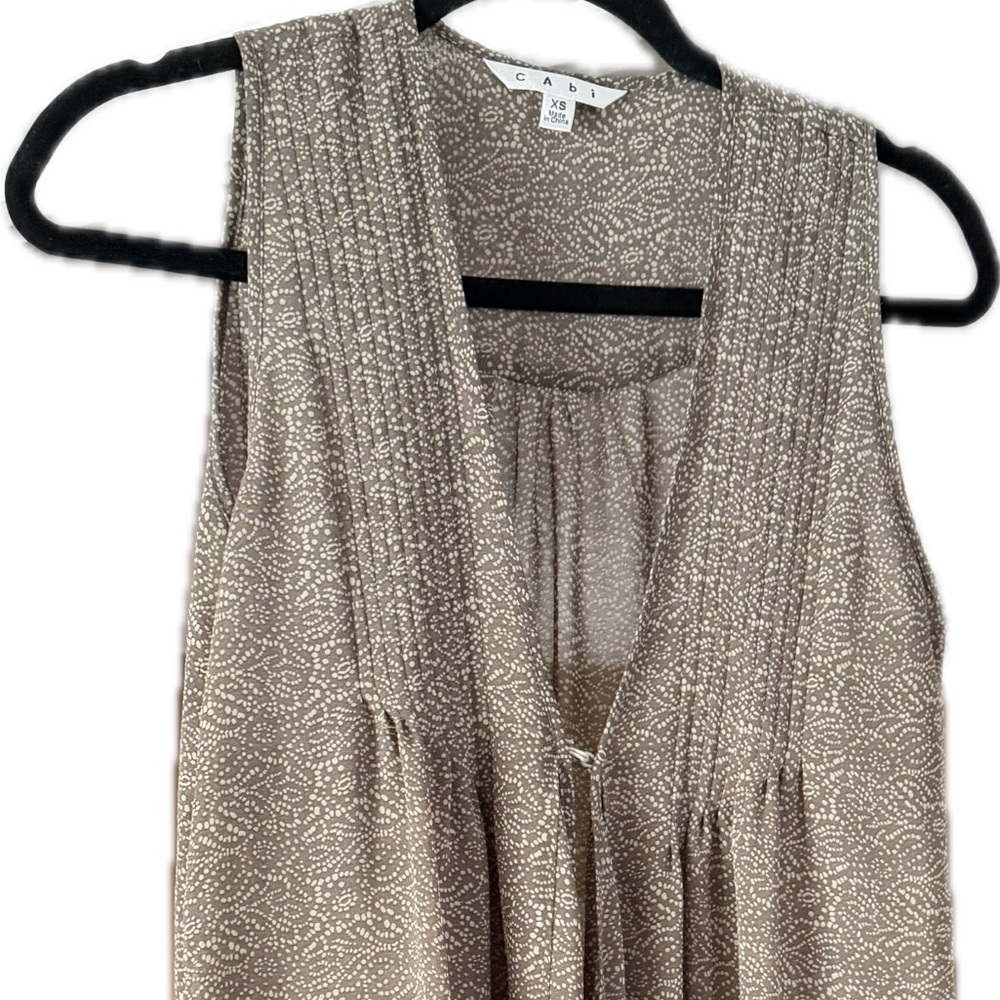 CAbi Taupe and Cream Dot Print Sleeveless V-Neck Top